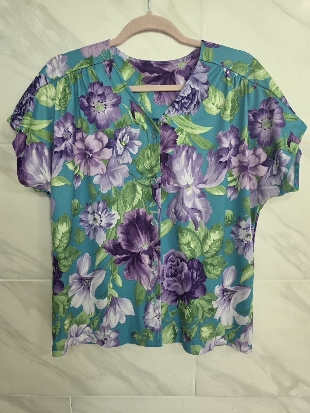 Blair Teal Button-Front Floral Blouse with Purple Blossoms